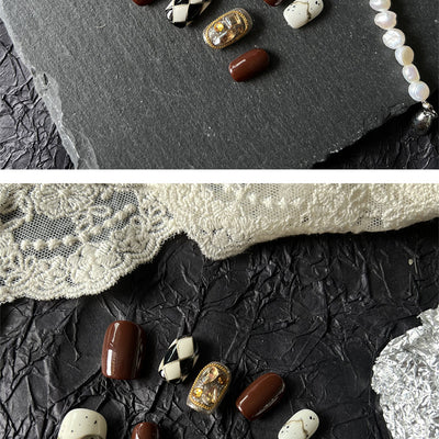 Pure Hand Drawing Autumn Warm Chocolate Black And White Diamond Lattice Oval Wear Armor